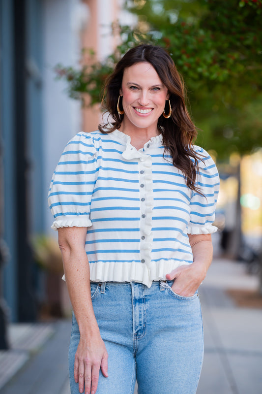 Nala Striped Short Puff Sleeve Knit Top