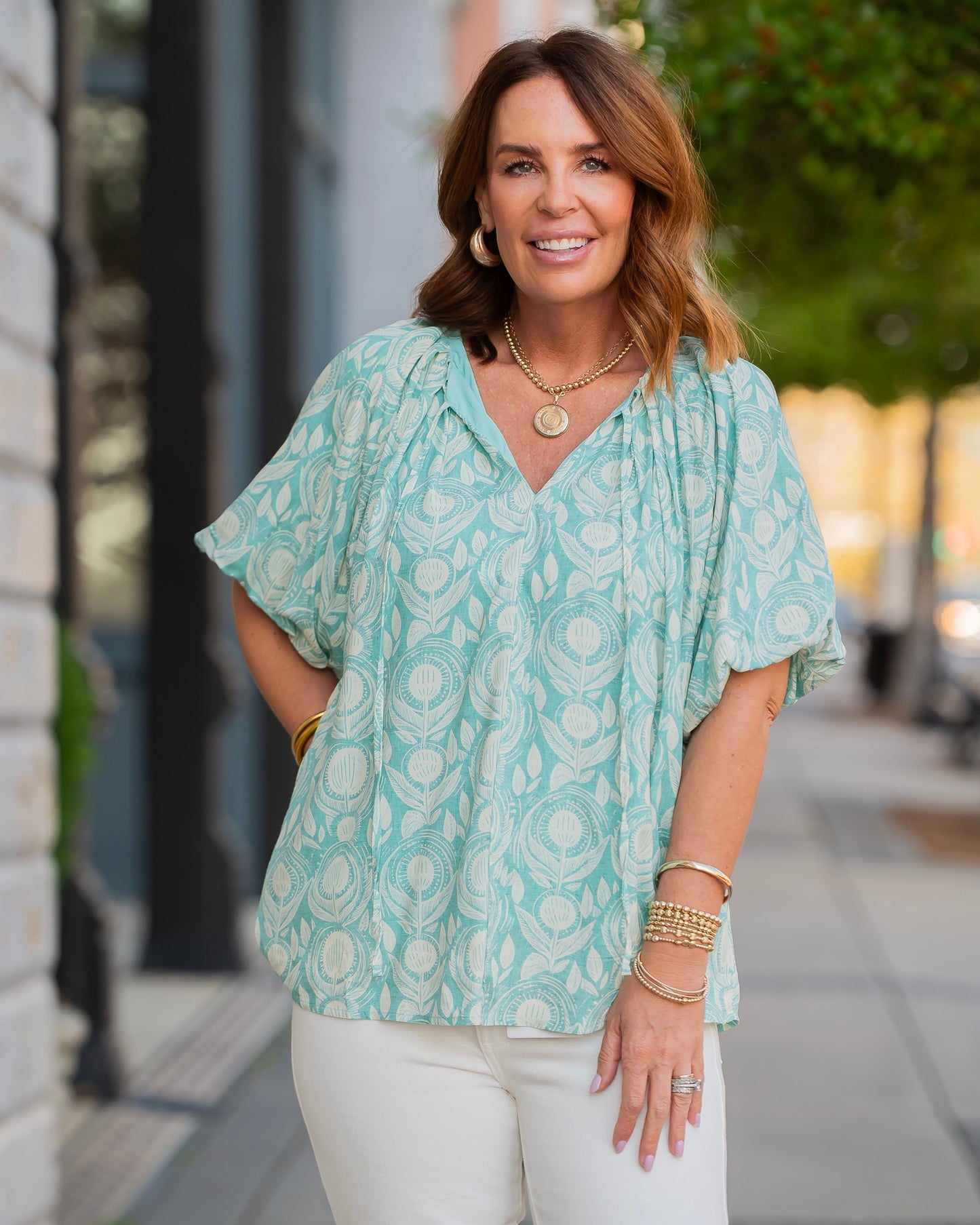 Sanford Short Sleeve Balloon Pleated Blouse