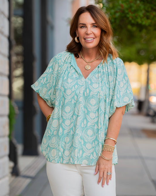 Sanford Short Sleeve Balloon Pleated Blouse