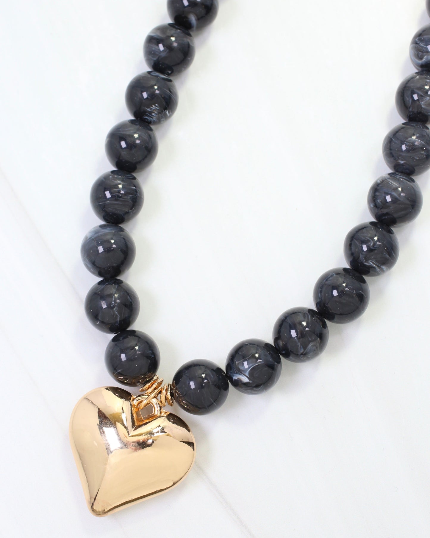 Marjorie Marble Beaded Heart Necklace Black
