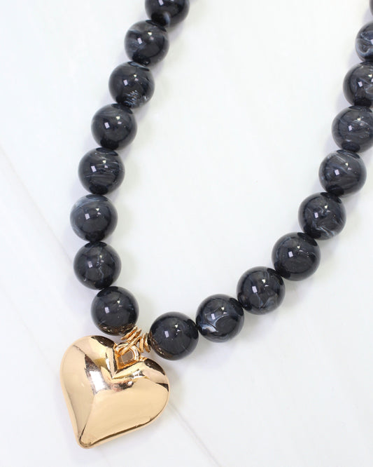 Marjorie Marble Beaded Heart Necklace Black