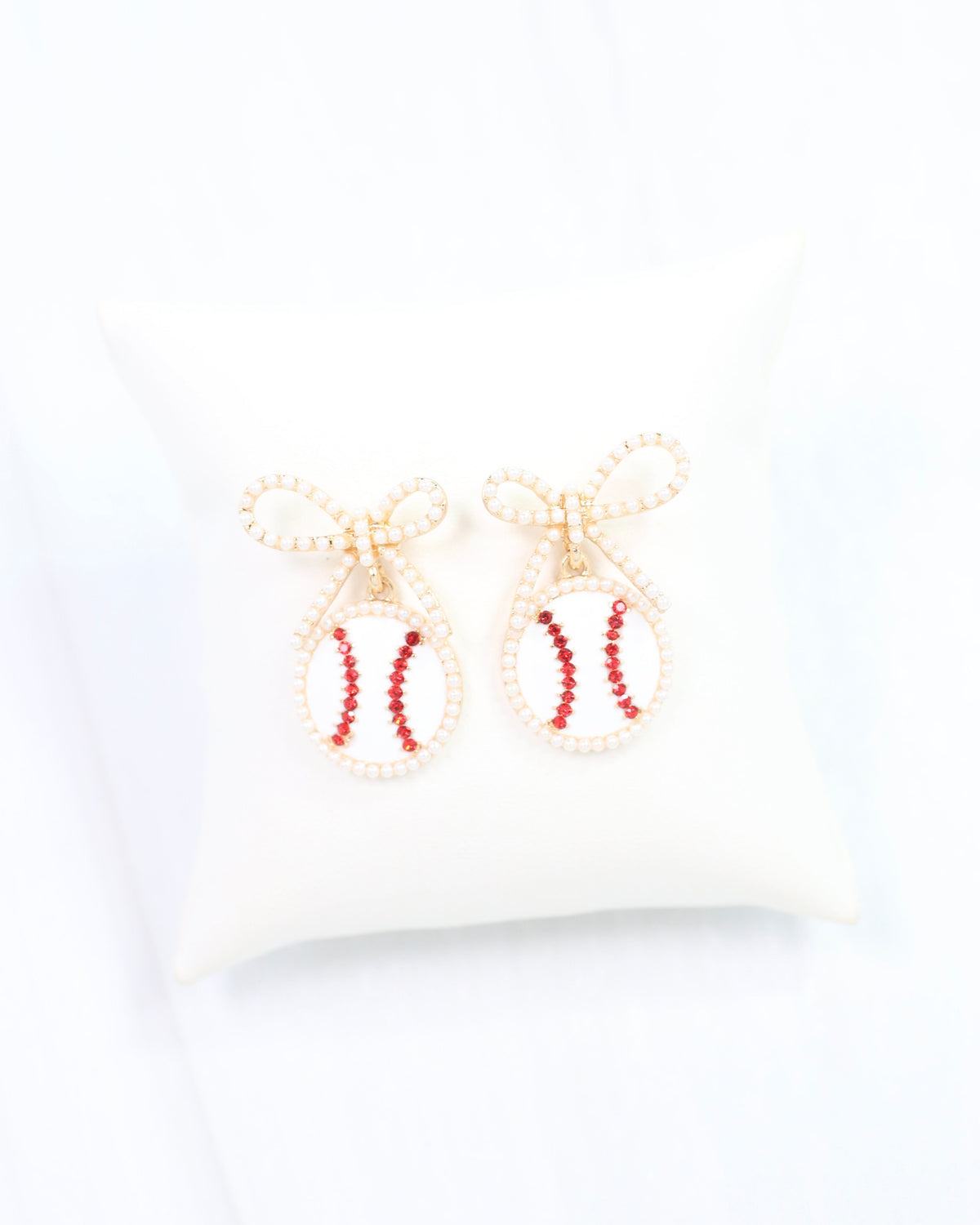 Homerun Pearl Bow Ball Earring Red White