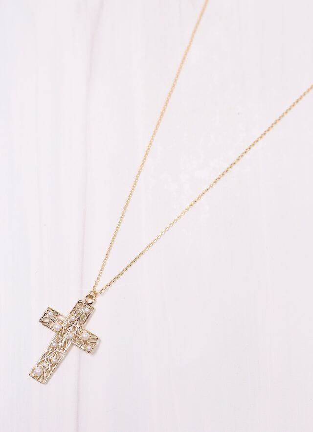 Bently Pearl Cross Necklace GOLD - Caroline Hill