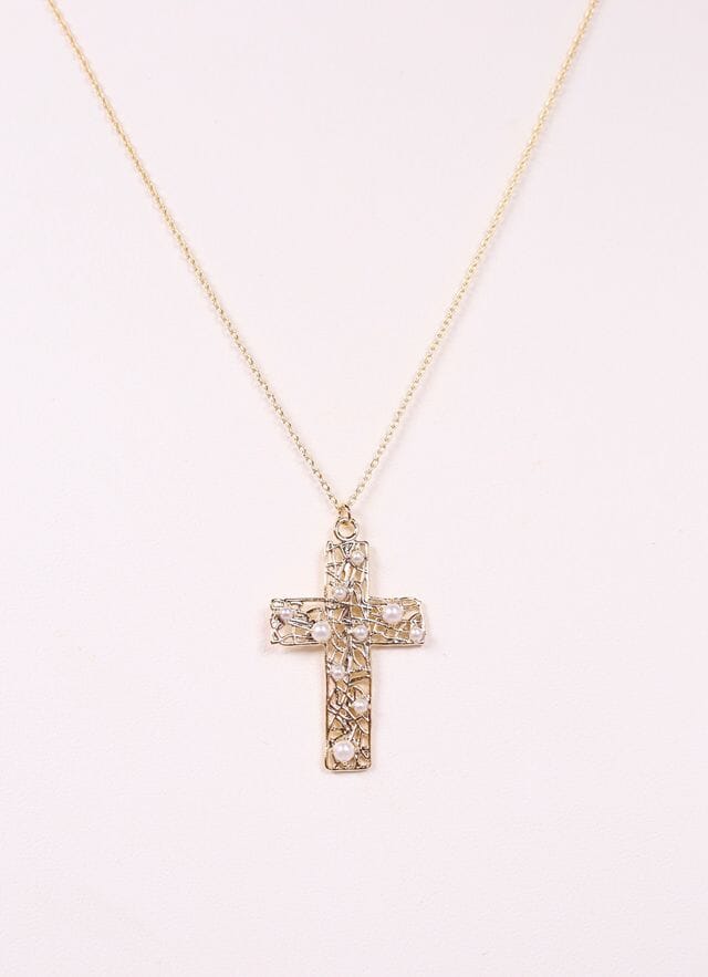 Bently Pearl Cross Necklace GOLD - Caroline Hill