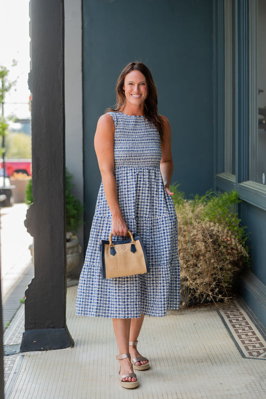 Lois Sleeveless Gingham Print Dress-Navy