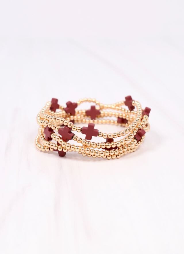 Brittany Cross Bracelet Set BURGUNDY - Caroline Hill