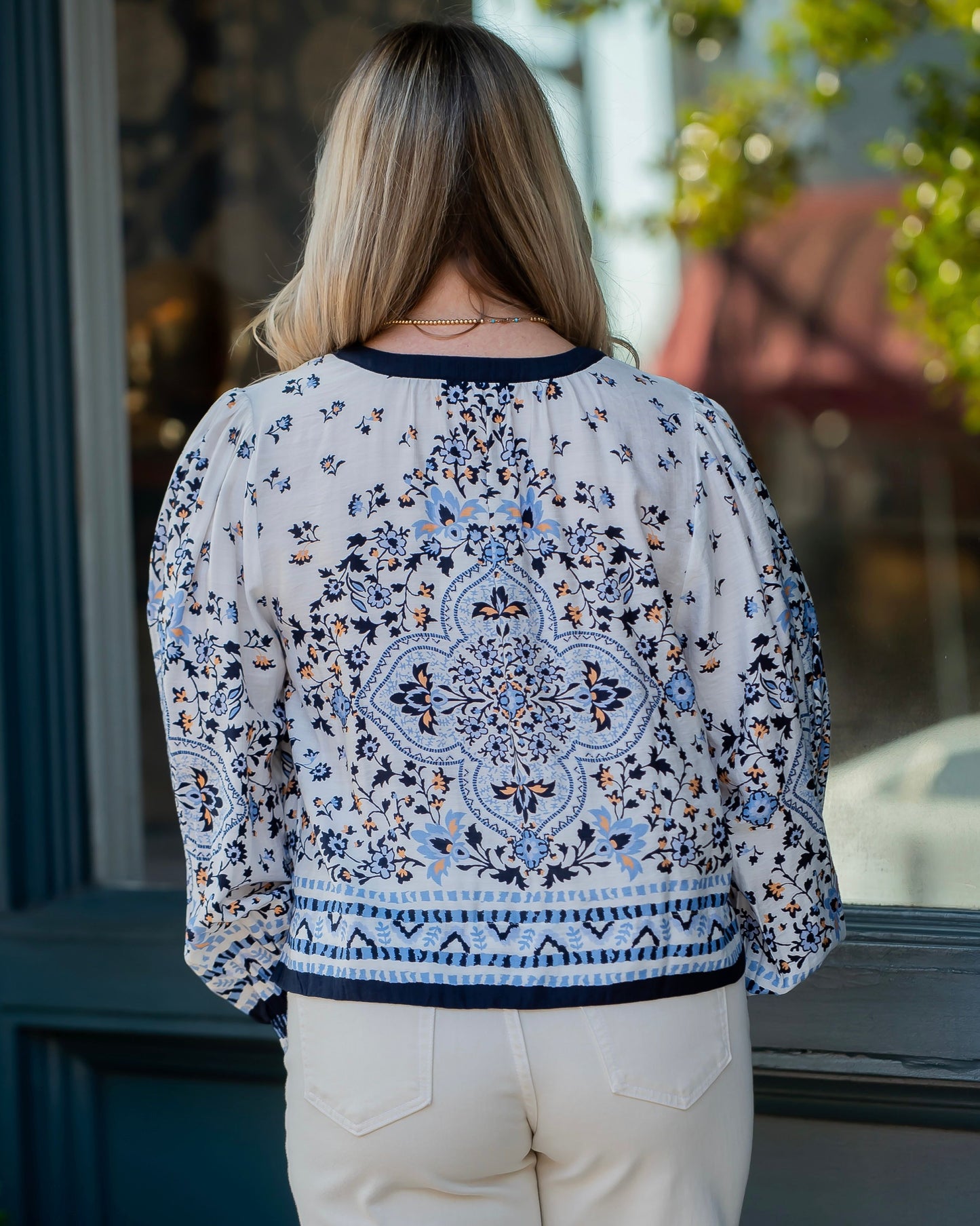 Maywood Printed Long Sleeve Blouse-Blue