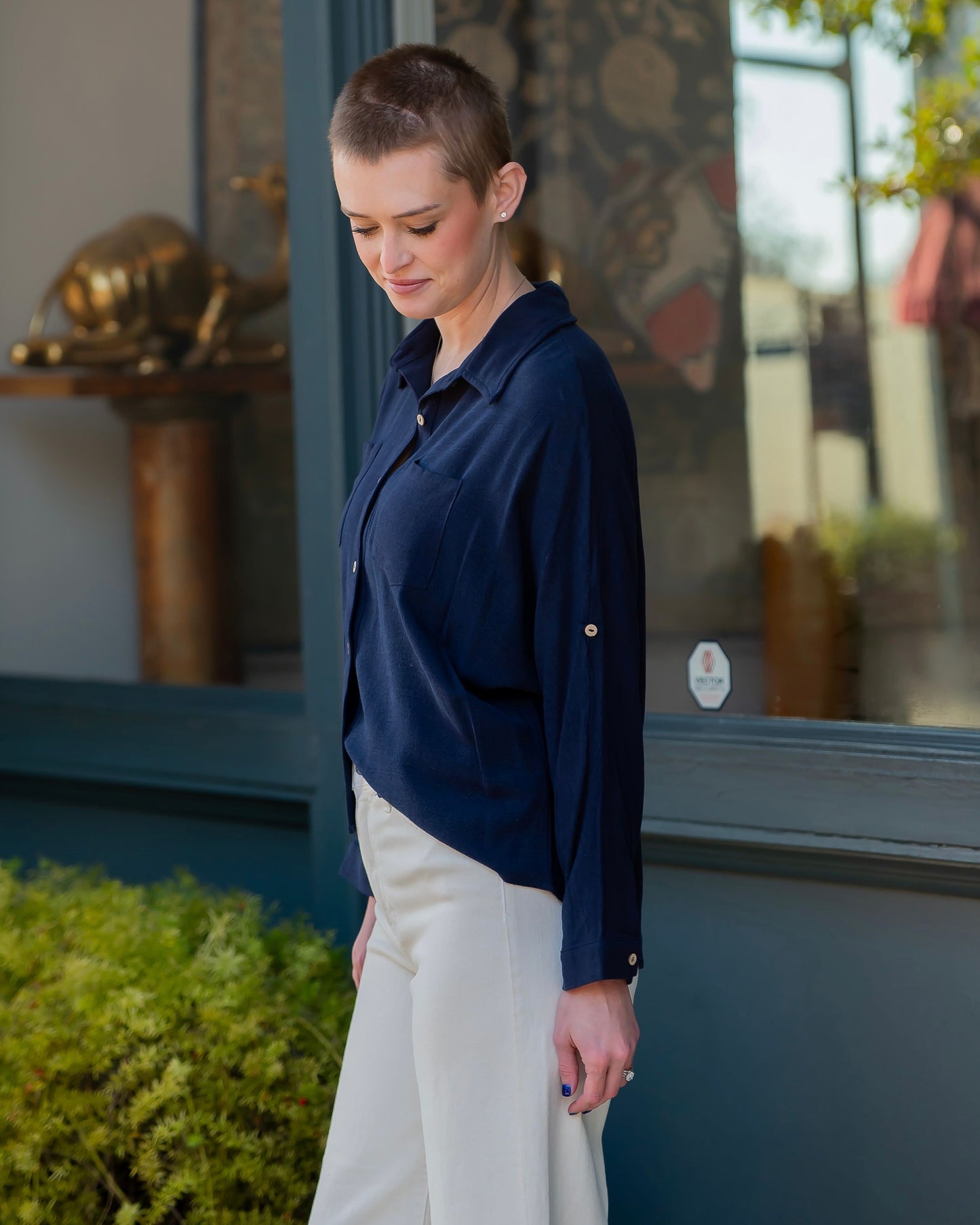 Lola Linen Long Sleeve Button Down Top-Navy