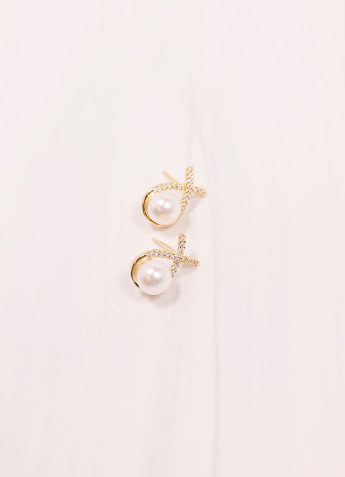 Cameron Pearl and CZ Stud Earring GOLD - Caroline Hill