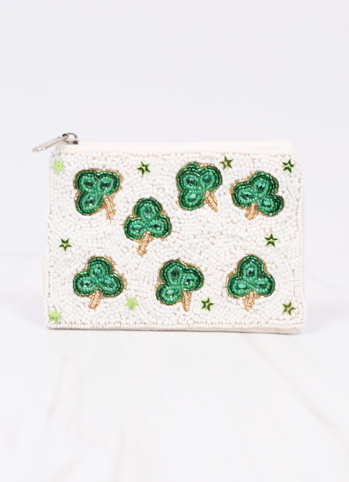 Shamrock Beaded Pouch White