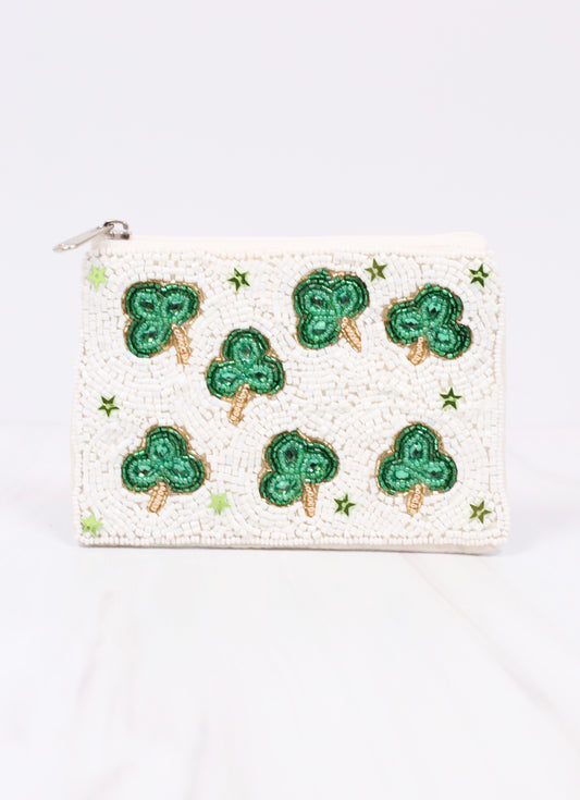 Shamrock Beaded Pouch White