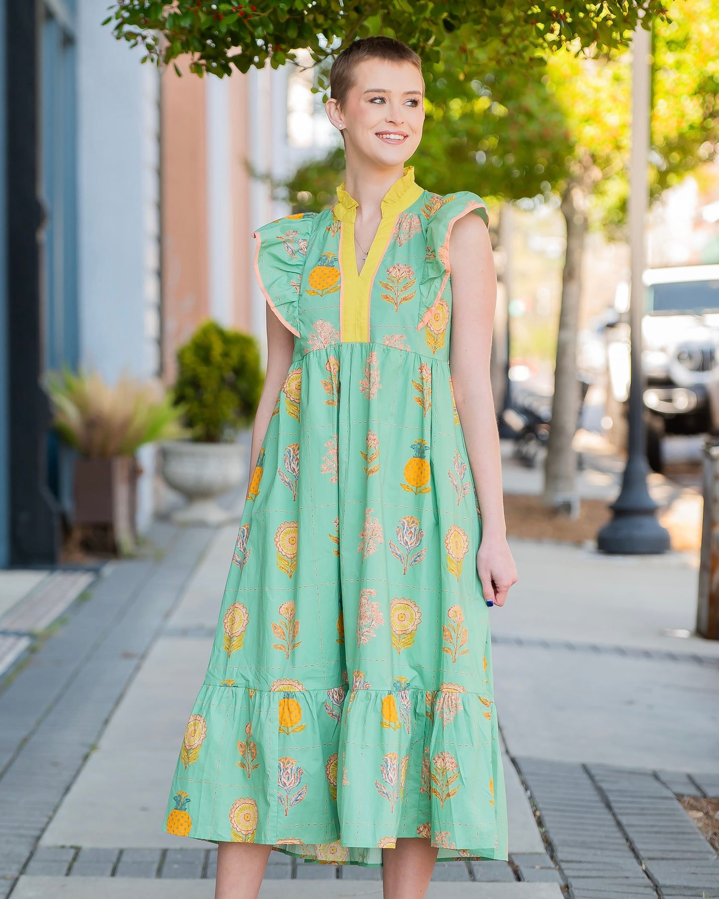 Aria Floral Print Midi Dress with Ruffle Sleeves