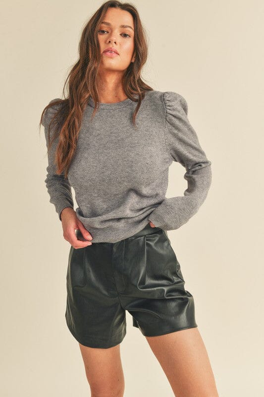 Charcoal Puff Sleeve Basic Sweater - Caroline Hill
