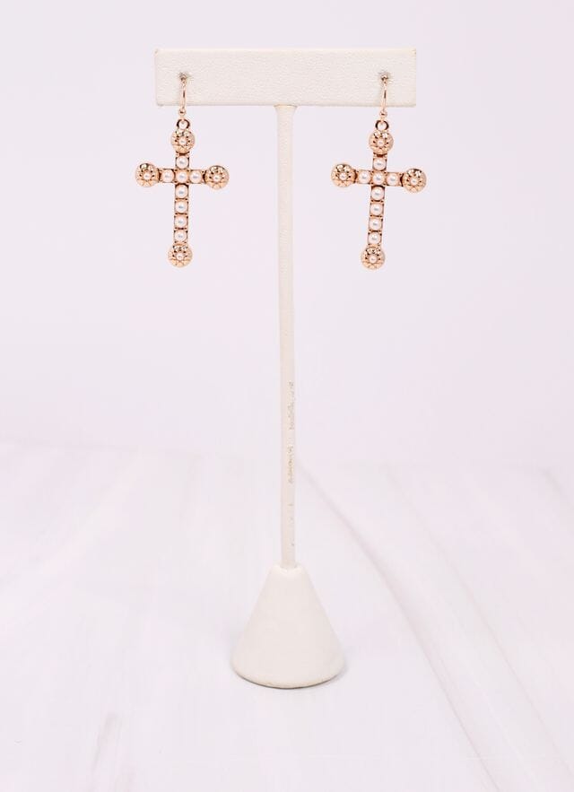 Charlotta Pearl Lined Cross Earring GOLD - Caroline Hill