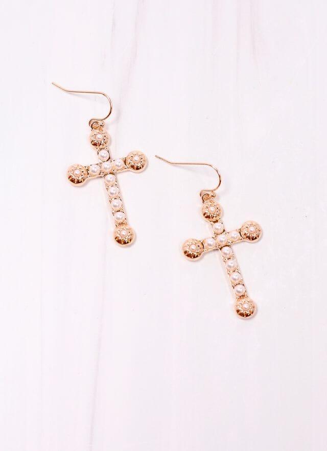 Charlotta Pearl Lined Cross Earring GOLD - Caroline Hill