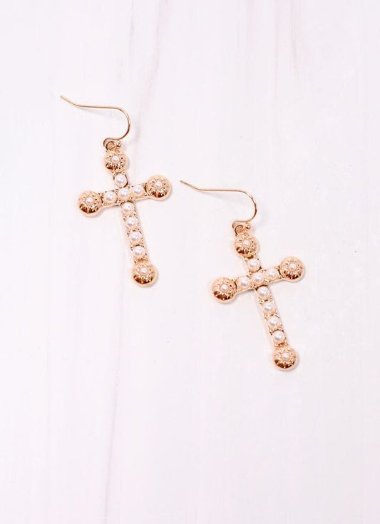 Charlotta Pearl Lined Cross Earring GOLD - Caroline Hill