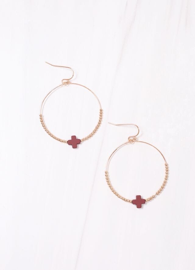 Christa Hoop Earring with Cross BURGUNDY - Caroline Hill