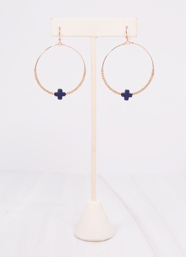 Christa Hoop Earring with Cross NAVY - Caroline Hill