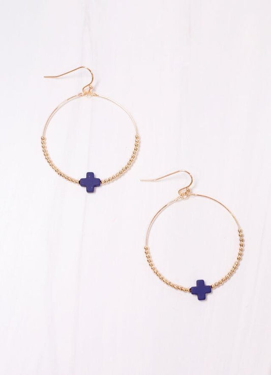 Christa Hoop Earring with Cross NAVY - Caroline Hill