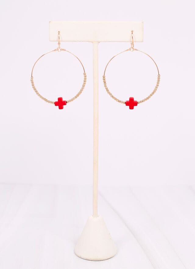 Christa Hoop Earring with Cross RED - Caroline Hill