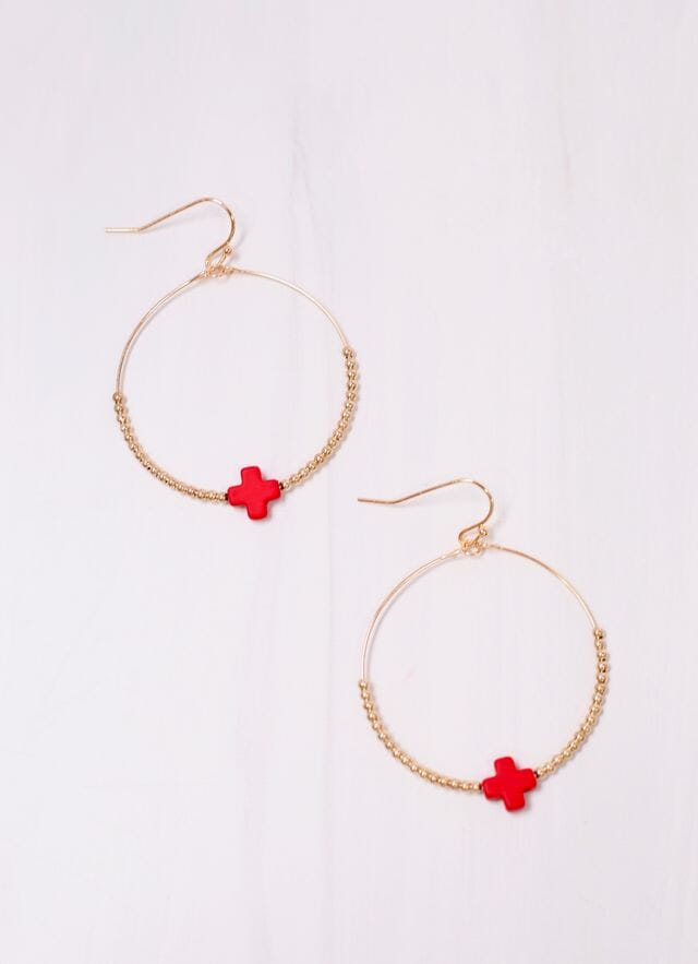 Christa Hoop Earring with Cross RED - Caroline Hill