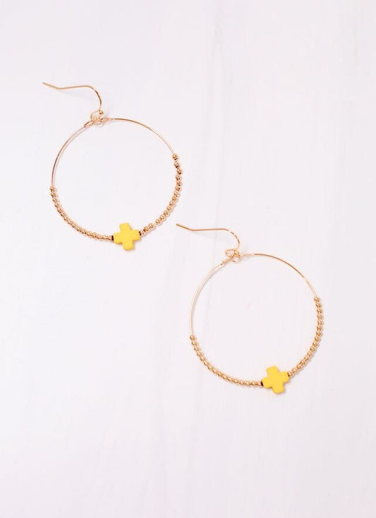 Christa Hoop Earring with Cross YELLOW - Caroline Hill