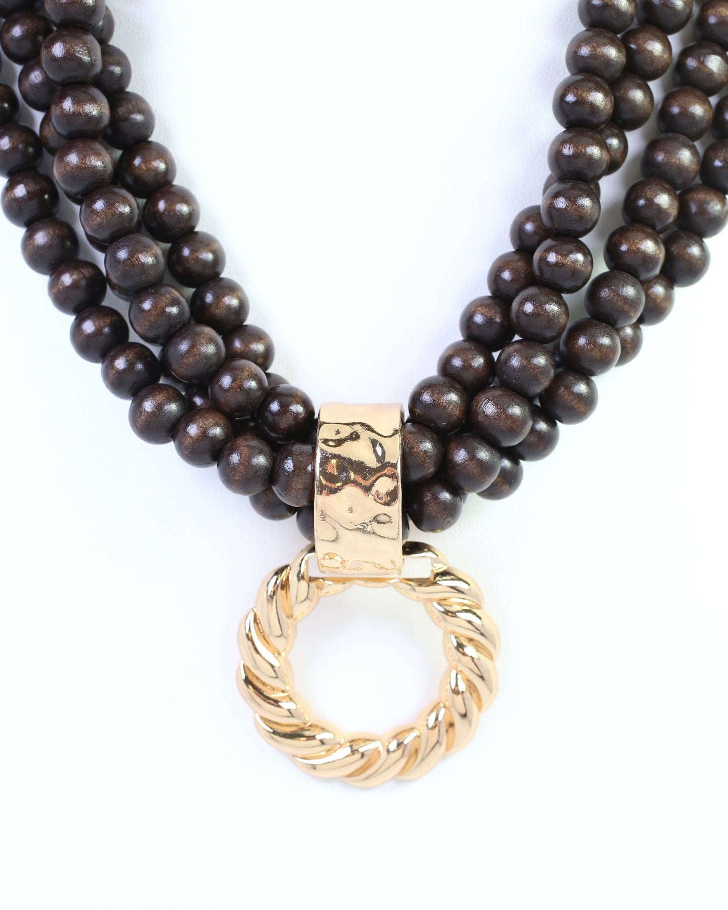 Margaux Wooden Bead Layered Necklace with Pendant Dark Brown