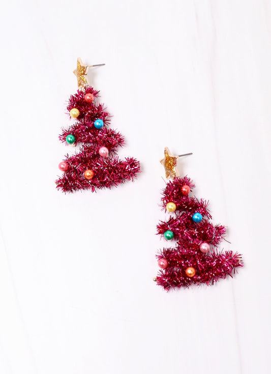 Festive Tinsel Tree Earring FUCHSIA