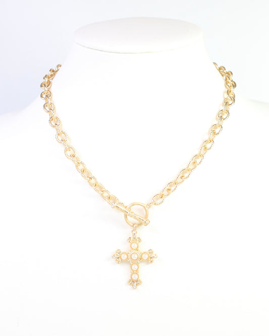 Moriah Cross Pendant Toggle Necklace PEARL