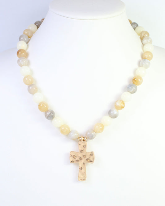 Kathryn Hammered Cross Beaded Necklace Ivory