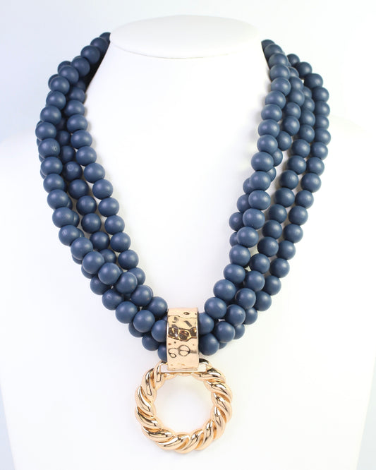 Margaux Wooden Bead Layered Necklace with Pendant Navy
