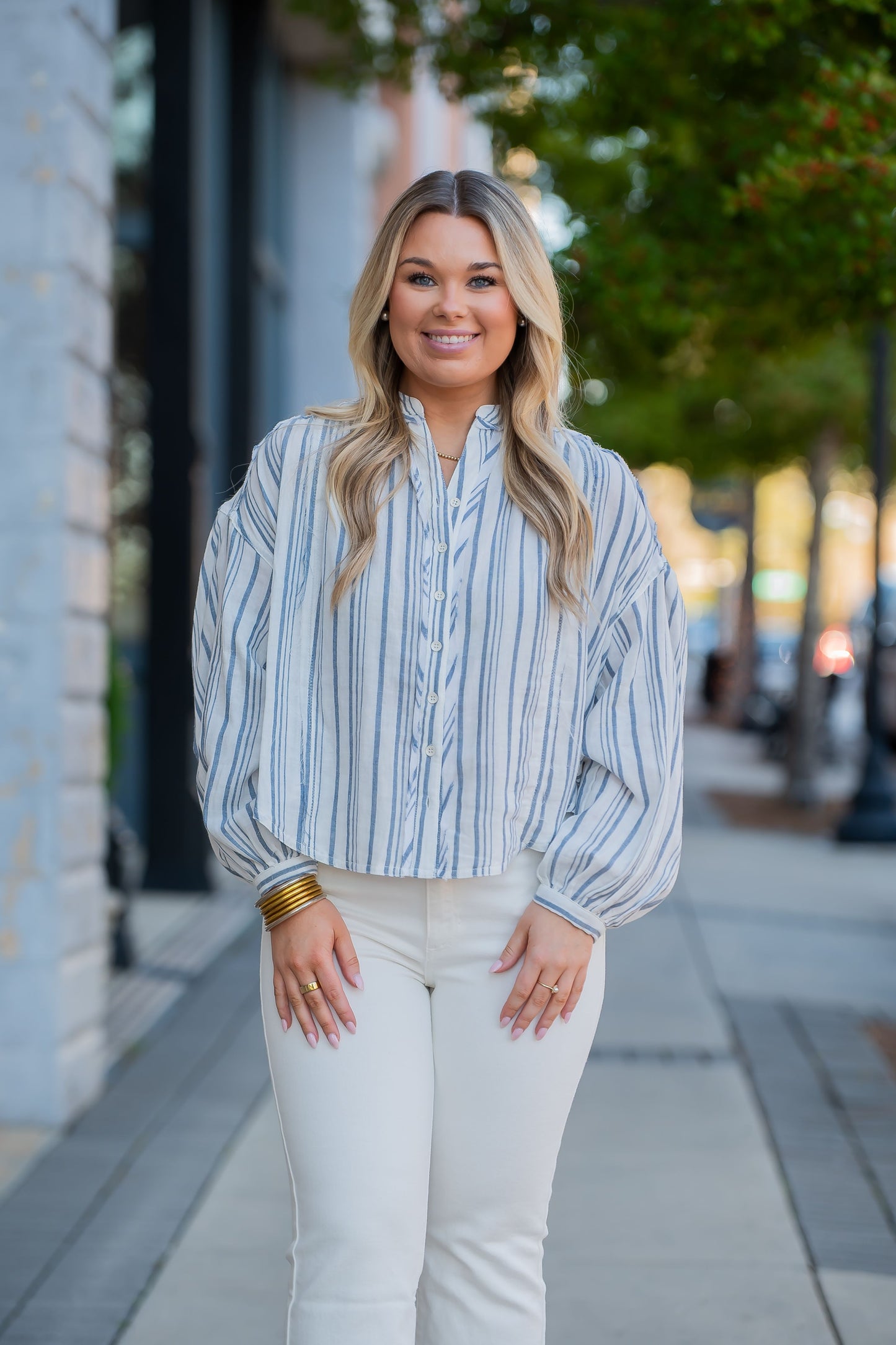 Kat Double Cloth Striped Shirt-Blue