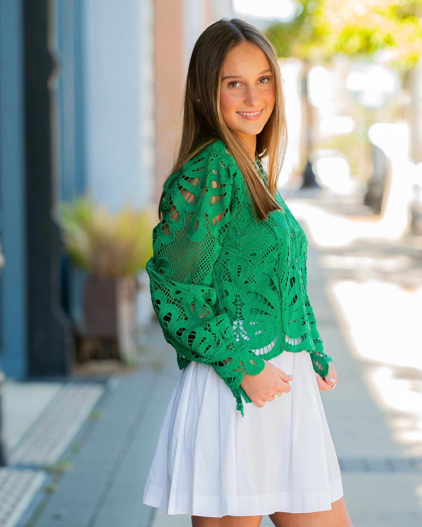 Fontaine Embroidered Lace Button-front Blouse