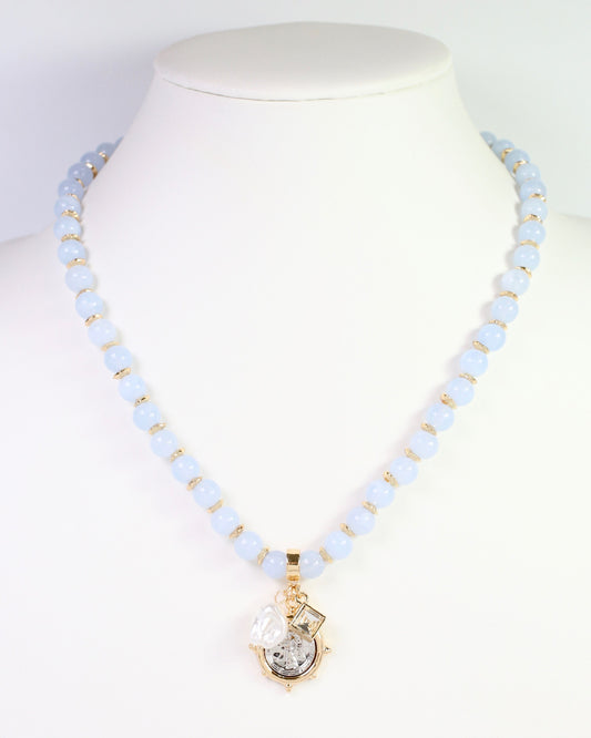 Trento Beaded Coin Charm Necklace Light Blue