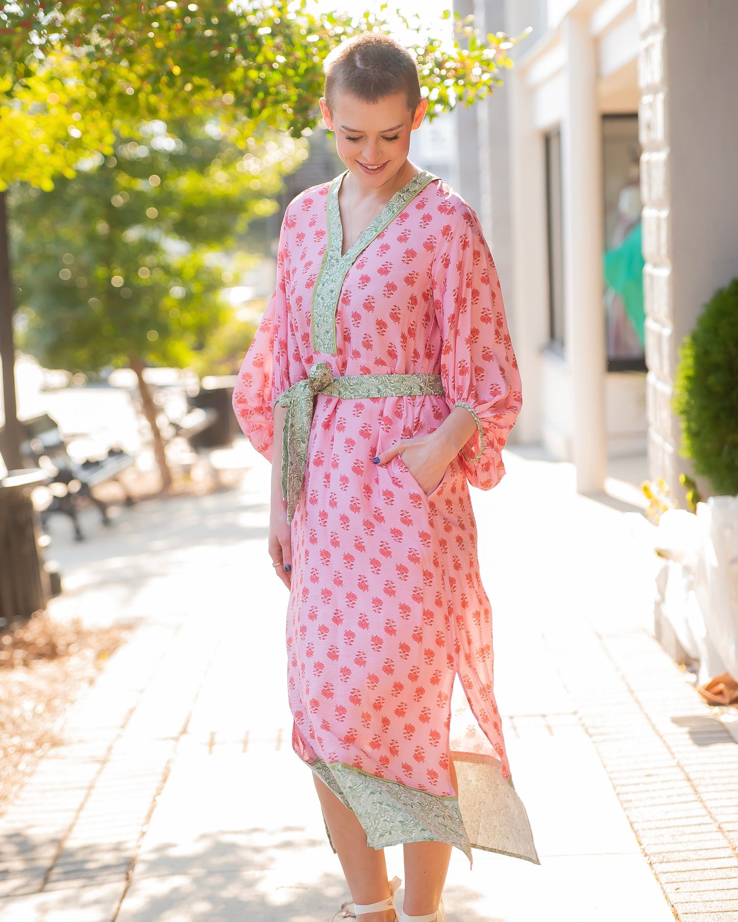 Soraya Floral Print 3/4 Sleeve Midi Dress-Pink