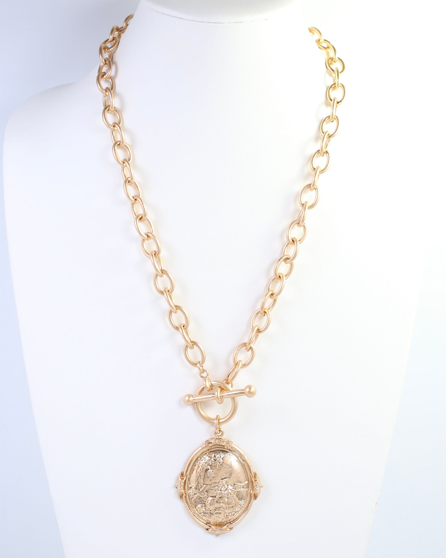 Breanna Oval Medallion Toggle Necklace Worn Gold