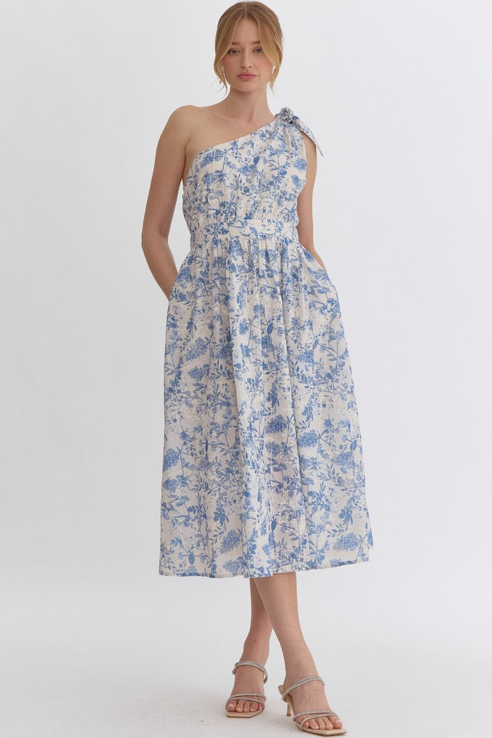 For the Night Blue Eyelet Floral Midi Dress