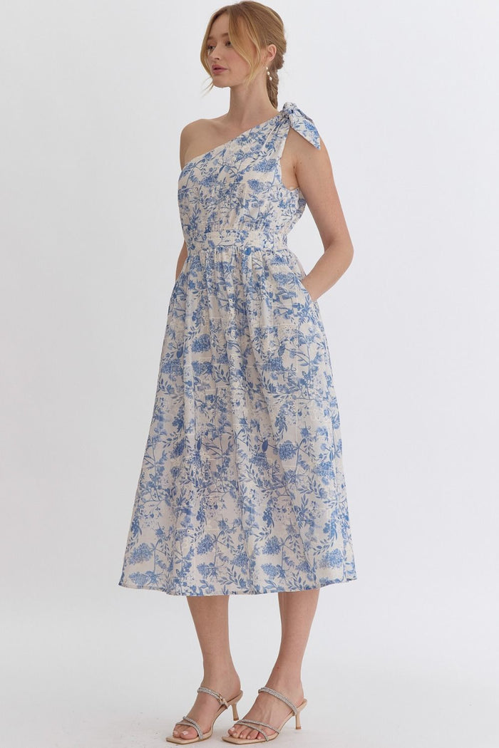 For the Night Blue Eyelet Floral Midi Dress
