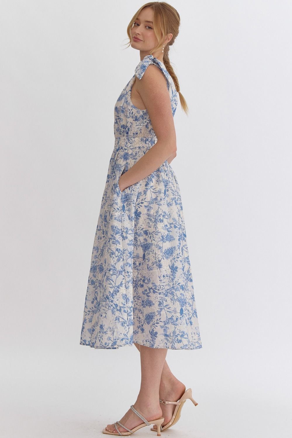 For the Night Blue Eyelet Floral Midi Dress