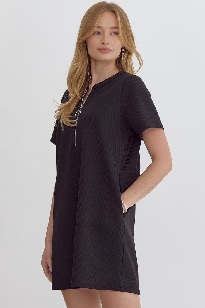 The Best Time Textured Half-Zip Black Dress