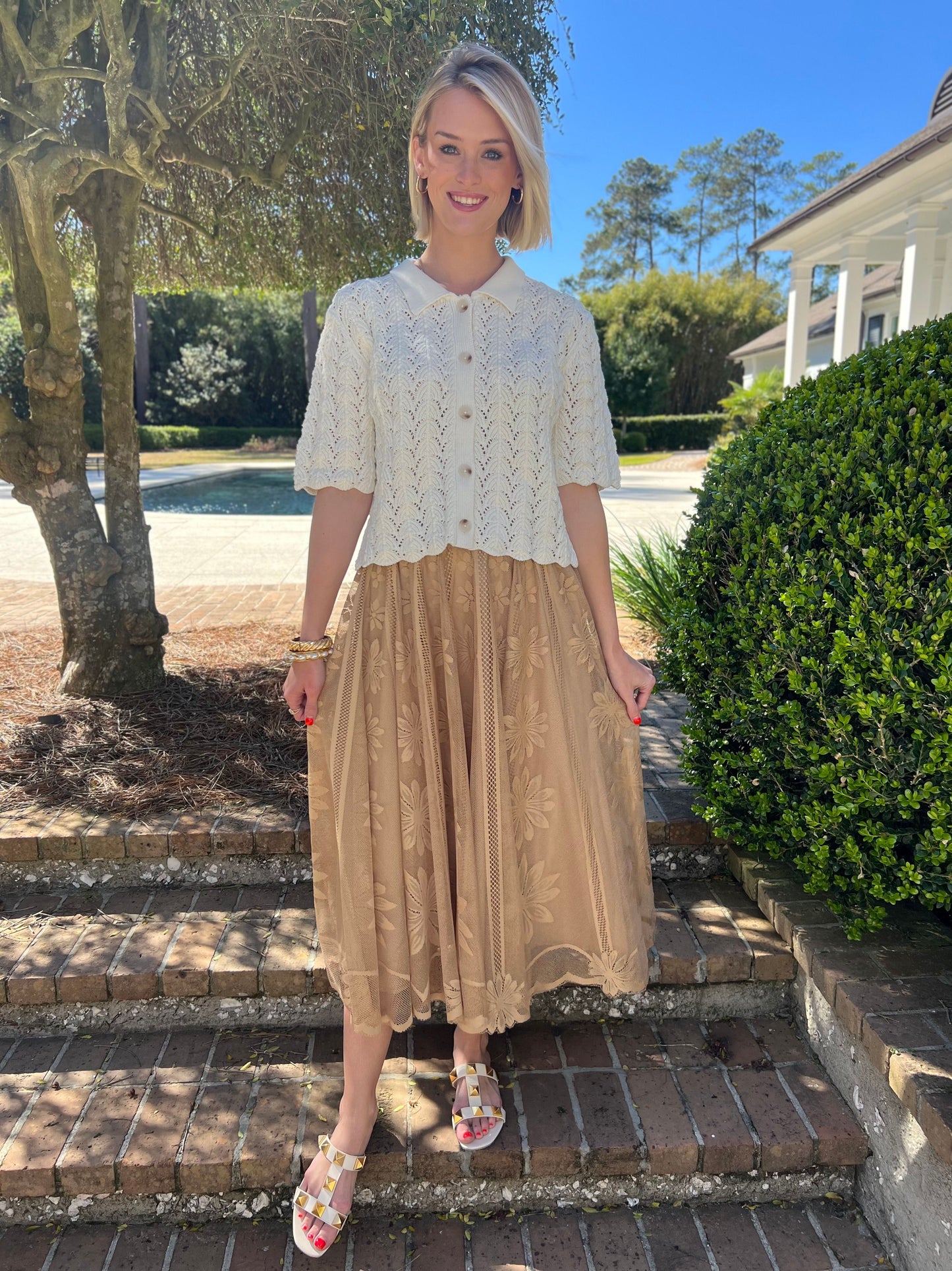 Follow Her Tan Floral Embroidered Mesh Midi Skirt