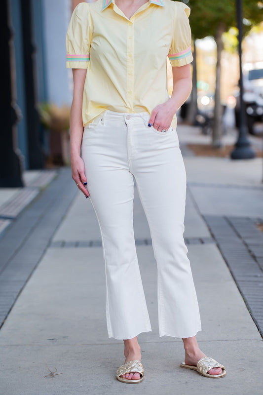 Just Black Jesse High Rise Cropped Flare Jeans- White Denim