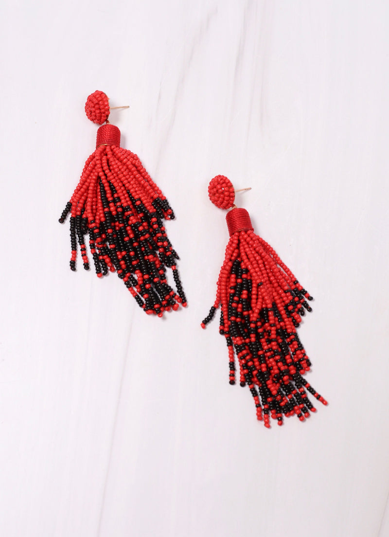 Felicite Beaded Tassel Earring RED BLACK - Caroline Hill