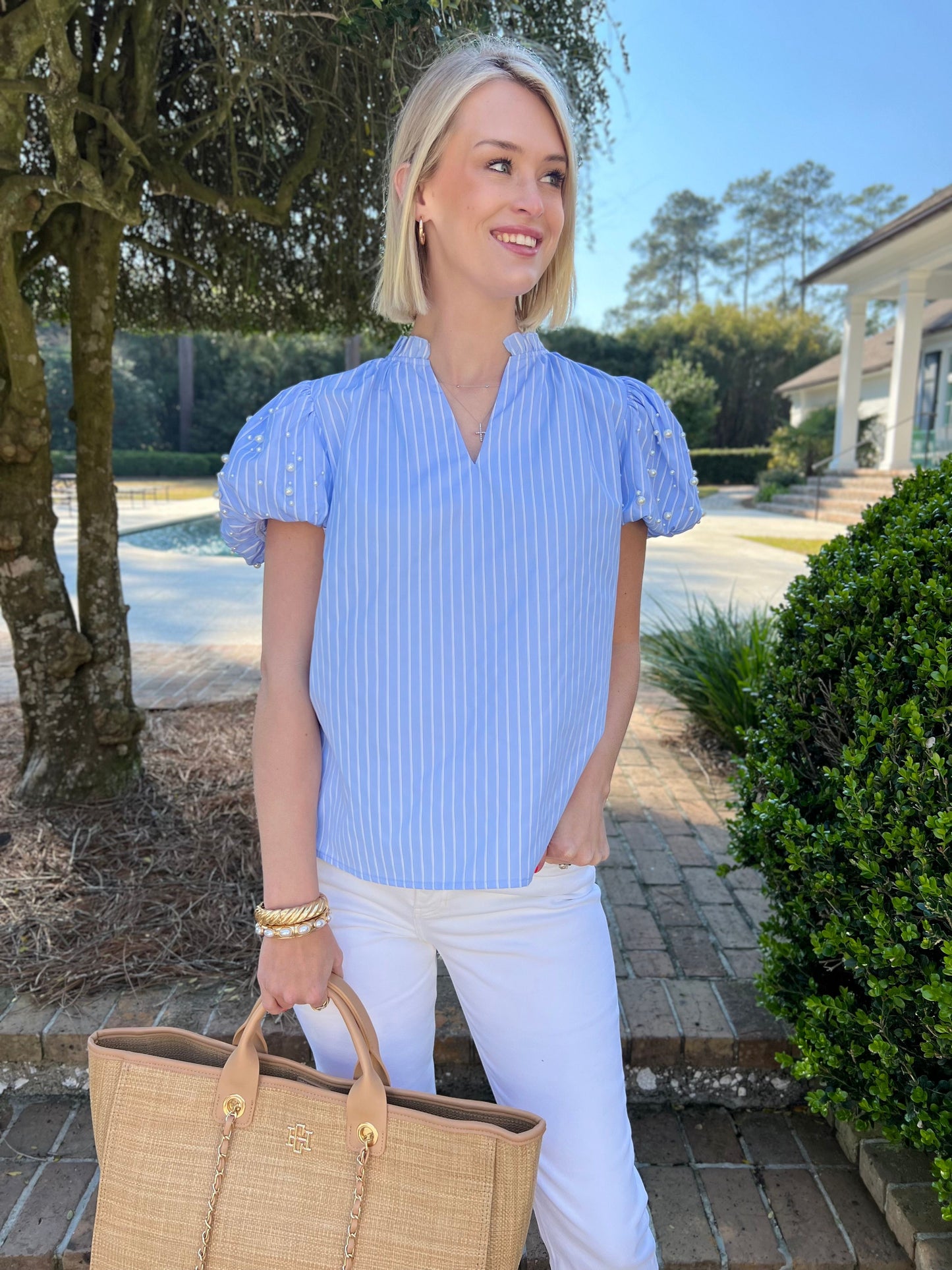 Meeting Time Blue Stripe Short Sleeve Top