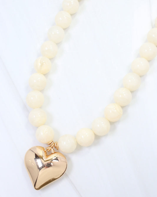 Marjorie Marble Beaded Heart Necklace Ivory