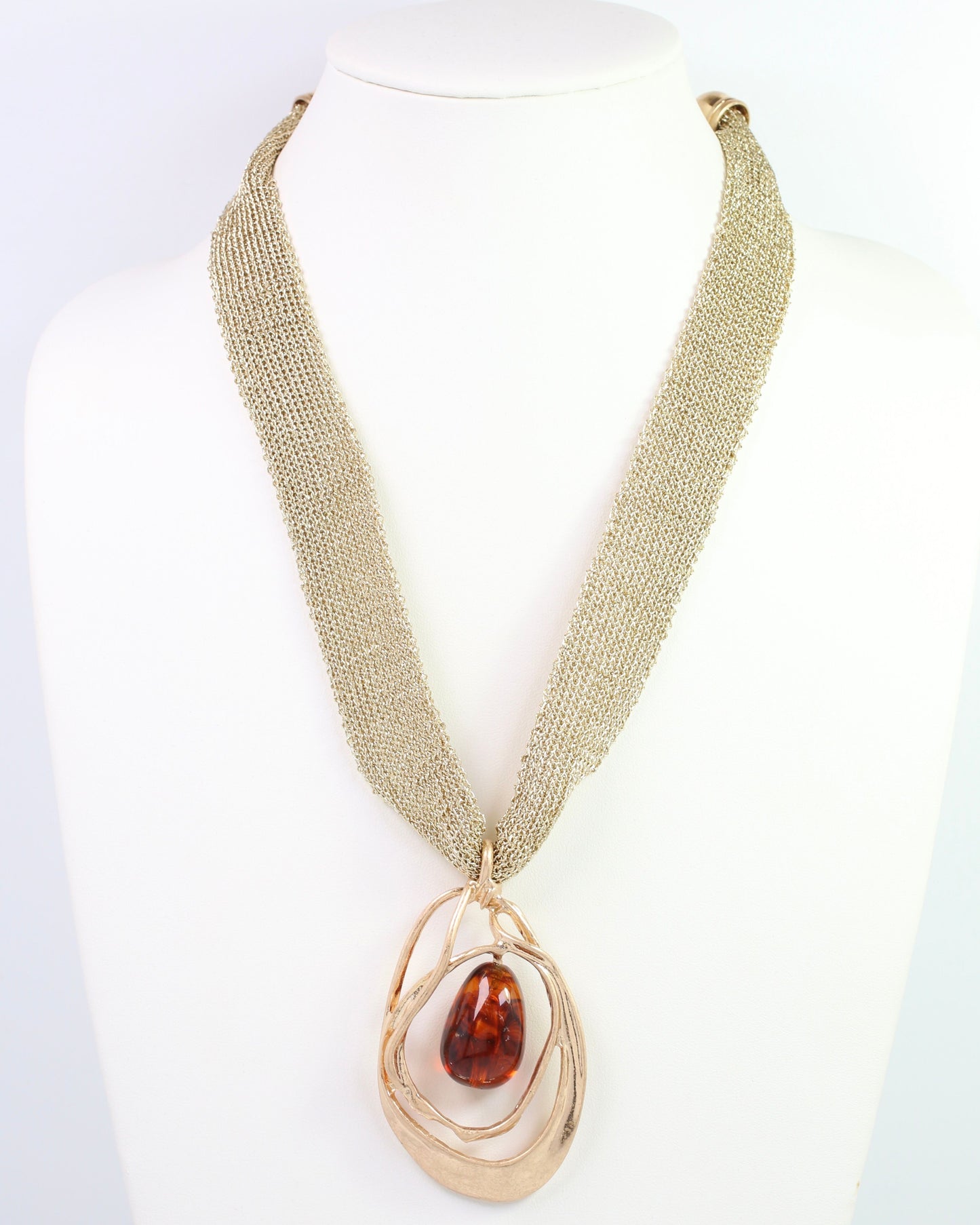 Powe Mesh and Stone Pendant Necklace WR Worn Gold