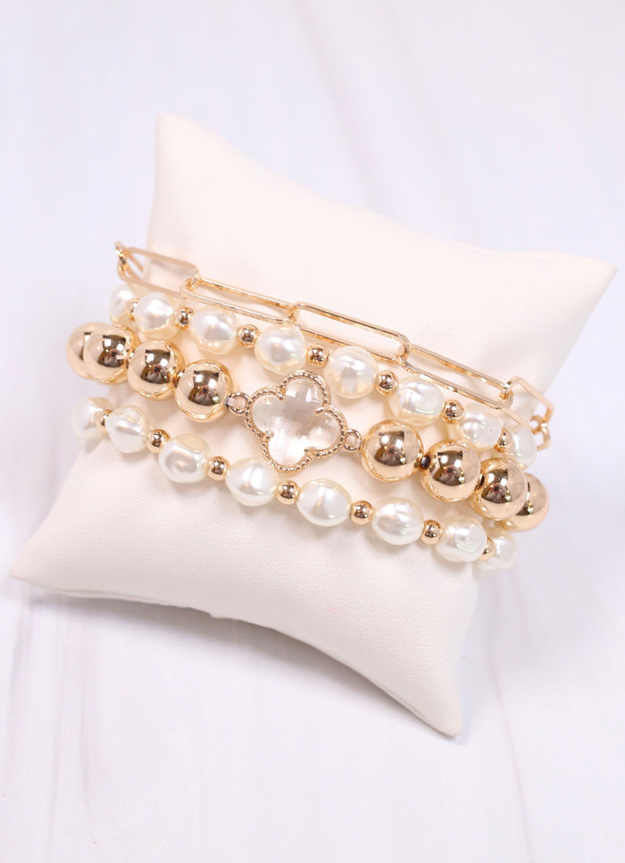 Genelle Pearl and Clover Bracelet Set GOLD - Caroline Hill