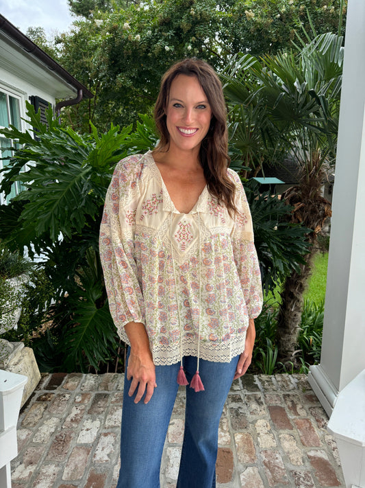 Good Luck Charm Taupe Embroidered Top - Caroline Hill