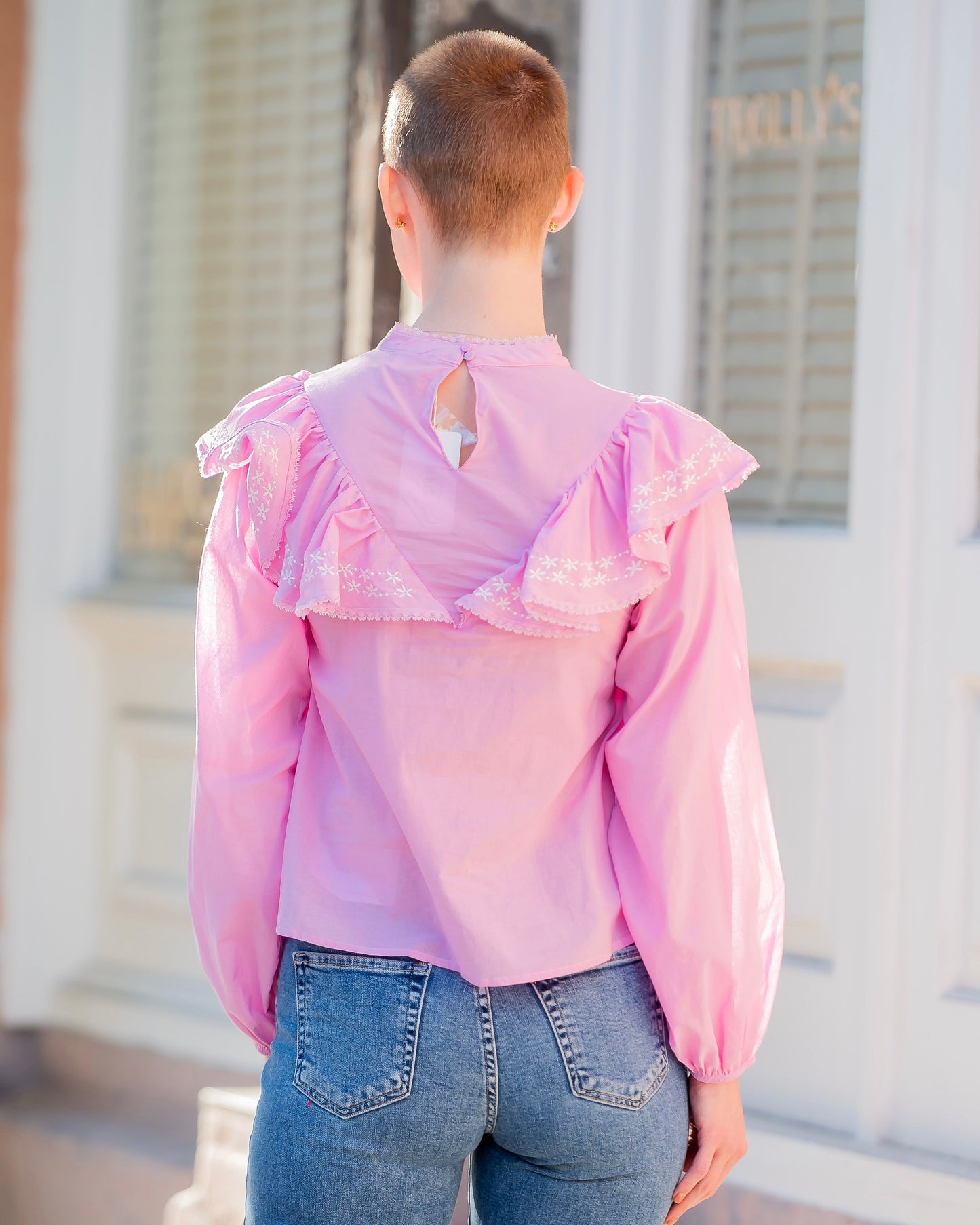 Aurora Embroidered Ruffle Front Blouse