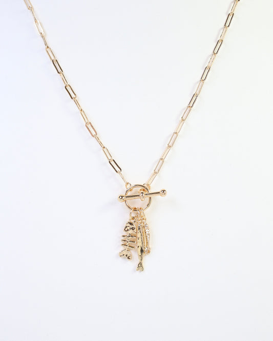 Stony Brook Fish Charm Toggle Necklace Gold